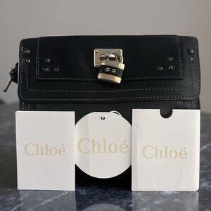 Chloé Aby Paddington black leather long wallet with a functional lock key Tags
